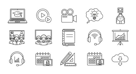 Modern online education and business icons representing learning, video, communication, and digital concepts for professional applications