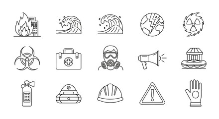 Emergency and Disaster Icons: Fire, Tsunami, Radiation, Biohazard, First Aid, Protective Gear, Warning Symbols, and Safety Measures