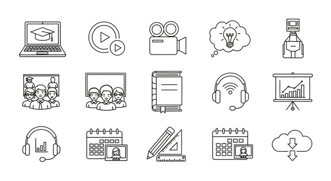 Modern online education and business icons representing learning, video, communication, and digital concepts for professional applications