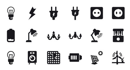 Essential energy icons representing power, electricity, and sustainable resources for modern design projects, perfect for commercial use