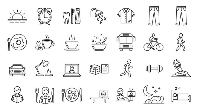 Daily routine icons representing everyday activities like waking up, work, exercise, eating, commuting, and relaxing for lifestyle concepts