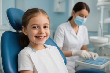 Obraz premium young girl sitting in a modern dental clinic, smiling confidently in a blue dental chair while a masked dentist prepares instruments in the background