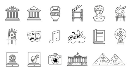Explore culture through iconic symbols perfect for educational materials and travel brochures, from museums to music, art, and historical landmarks