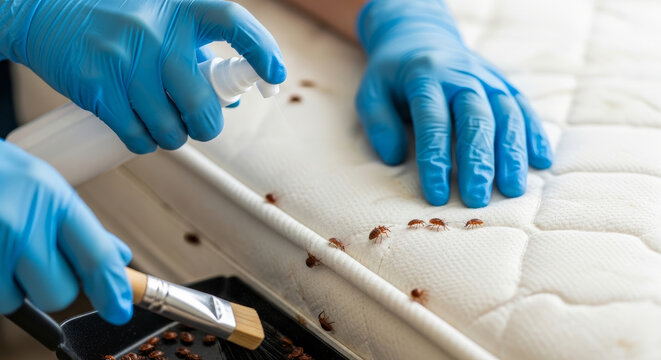 Professional pest control worker treating bed bugs on mattress