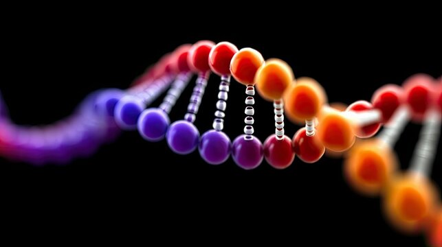 A vibrant, abstract representation of a DNA double helix, featuring colorful spherical components and a dark background, suggesting genetic material and molecul