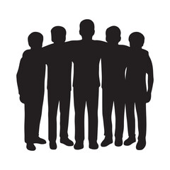 Silhouette of a diverse group of friends standing together with arms around each other in unity and support