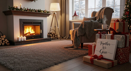 Cozy living room displaying Together We Give message next to gifts, fireplace and christmas tree. Together We Give represents heartwarming holiday spirit and community.