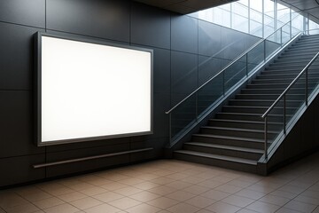 Modern urban metro station interior with illuminated blank billboard, glass railings, and ascending staircase under natural light, showcasing sleek contemporary architecture and minimalistic design.