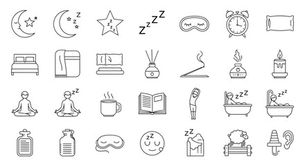 Unwind with calming bedtime routine icons, ready for relaxation projects, a simple guide to sleep well, originally a scalable vector graphic