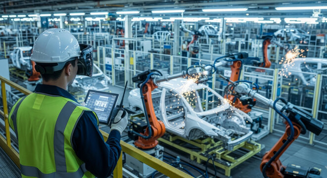 Automated car assembly line with workers using digital devices - Powered by Adobe