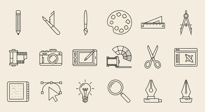 Artistic tools showcase creativity with graphic tablet, pencil, camera, paintbrush, paint palette, ruler, scissors and film for drawing and design