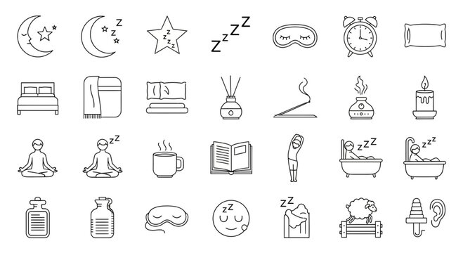 Unwind with calming bedtime routine icons, ready for relaxation projects, a simple guide to sleep well, originally a scalable vector graphic