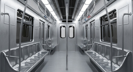 Empty modern subway carriage with metallic seats and windows