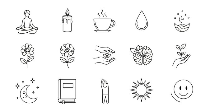 Serene lifestyle icons: meditation, wellness, nature, and self-care for modern wellbeing and balanced living