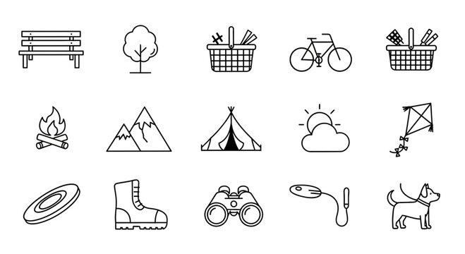 Vibrant collection of outdoor adventure icons capturing the joy of nature exploration, camping, and fun-filled activities