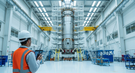 Engineer inspecting a large rocket in a modern industrial facility