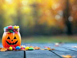 A festive Halloween pumpkin-shaped bucket overflowing with colorful candies sits on a rustic wooden table, surrounded by fallen autumn leaves.