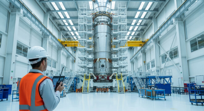 Engineer inspecting a large rocket in a modern industrial facility