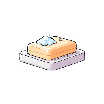Adobe Illustrator Artwork2D detailed illustration of a bar of soap on a small soap dish, with a bit of foam on top