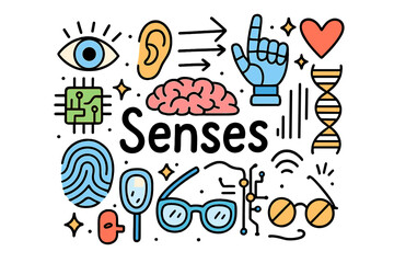 Enhanced Senses Doodle. Enhanced senses. Hand-drawn doodle illustration of enhanced senses. Eye, ear, robotic