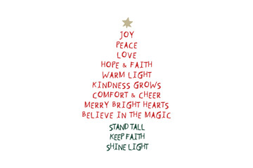 Christmas tree made of words with holiday wishes and positive affirmations  (Joy, Peace, Love) SVG T Shirt Design