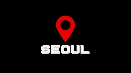 Seoul, south korea destination map pin icon within a film strip border, symbolizing asian travel, technology, and culture themes.