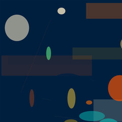 Abstract Geometric Composition with Circles Rectangles and Lines on a Dark Blue Background creating a Modern Artistic Design