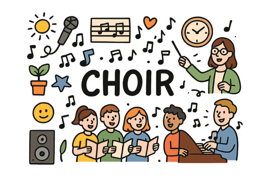 Playful Choir Practice. Choir practice. Hand-drawn doodle illustration of choir practice. Students singing,