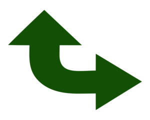 Green curved double arrow icon showing upward and right direction turn, vector symbol for direction, navigation, rotation, and movement concept isolated on white background.