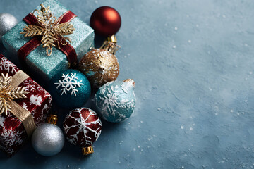 Fototapeta premium Merry Christmas and Happy Holidays greeting card, frame, banner. New Year. Noel. Christmas ornaments and gift on blue background top view. Winter xmas holiday theme. Flat lay