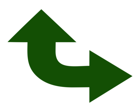 Green curved double arrow icon showing upward and right direction turn, vector symbol for direction, navigation, rotation, and movement concept isolated on white background.