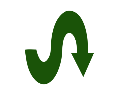 Green wavy downward arrow icon showing curved path direction, vector symbol for movement, navigation, flexibility, and flow concept isolated on white background for design use