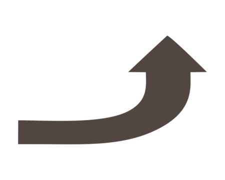 Brown curved upward arrow icon showing right direction rise, vector symbol for progress, navigation, growth, and movement concept isolated on white background for design 