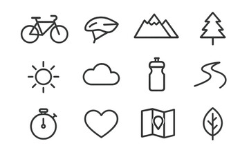Fototapeta premium Cycling Icon Set. Cycling in nature. Line outline icon set of cycling in nature: bicycle, helmet, mountain,