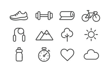 Fototapeta premium Outdoor Fitness Icons. Outdoor fitness activities. Line outline icon set of outdoor fitness activities: