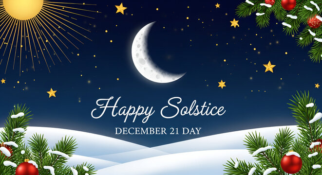 Happy winter solstice december 21st with crescent moon and sun in snowy landscape