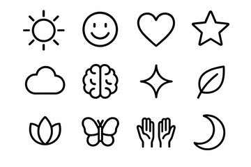 Obraz premium Positive Mindset Icons. Positive mindset. Line outline icon set of positive mindset: sun, smiling face, heart,