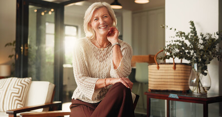 Relax, smile and portrait of old woman on sofa in home for retirement, peace and confidence....