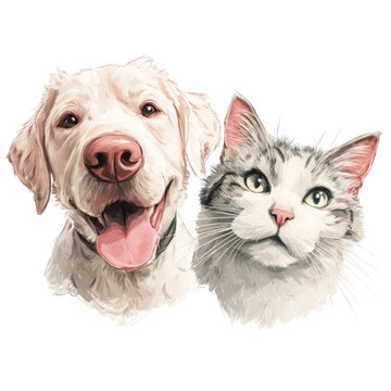 Cute Dog and Cat Portraits With Soft Pastel Outlines and Rounded Faces, Isolated on Transparent