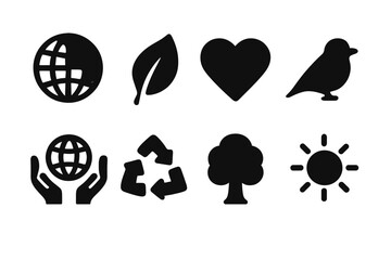 Eco Awareness Icons. Eco Awareness. Filled icon set of Eco Awareness: globe, leaf, heart, bird silhouette,