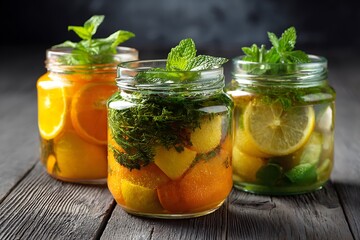Refreshing citrus infused water recipe in mason jars with orange lemon and mint garnish
