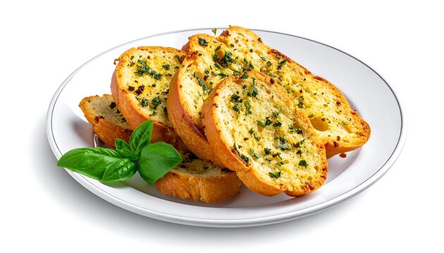 Delicious Garlic Bread Slices with Fresh Basil on White Plate.
