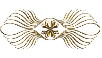 Ornate golden baroque decorative element with intricate swirling lines isolated on transparent background