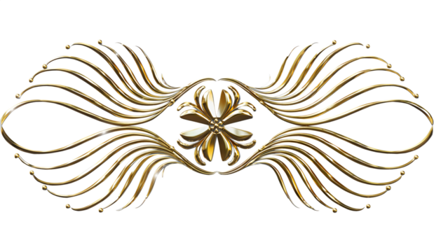 Ornate golden baroque decorative element with intricate swirling lines isolated on transparent background