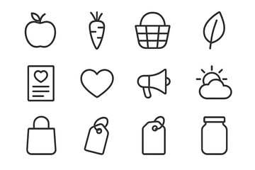 Healthy Eating Icons. Healthy eating campaign. Line outline icon set of healthy eating campaign: apple, carrot
