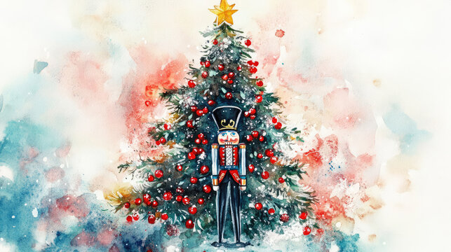 Watercolor Christmas tree with nutcracker soldier in the center, winter wonderland, red berries, festive decoration, watercolor christmas tree