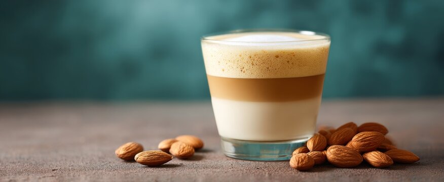 Foamed beverage topping from almond plant-based ingredients evokes creamy comforting delight.