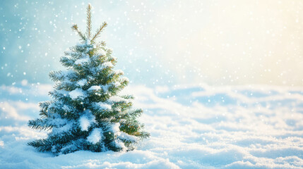 Blue Chritsmas card with Christmas tree in the snow. Empty space for text.