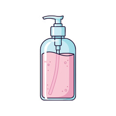 A 2D illustration of a transparent liquid soap bottle with a pump