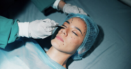 Plastic surgery, woman and hands drawing on face for change, cosmetics and beauty with medical...